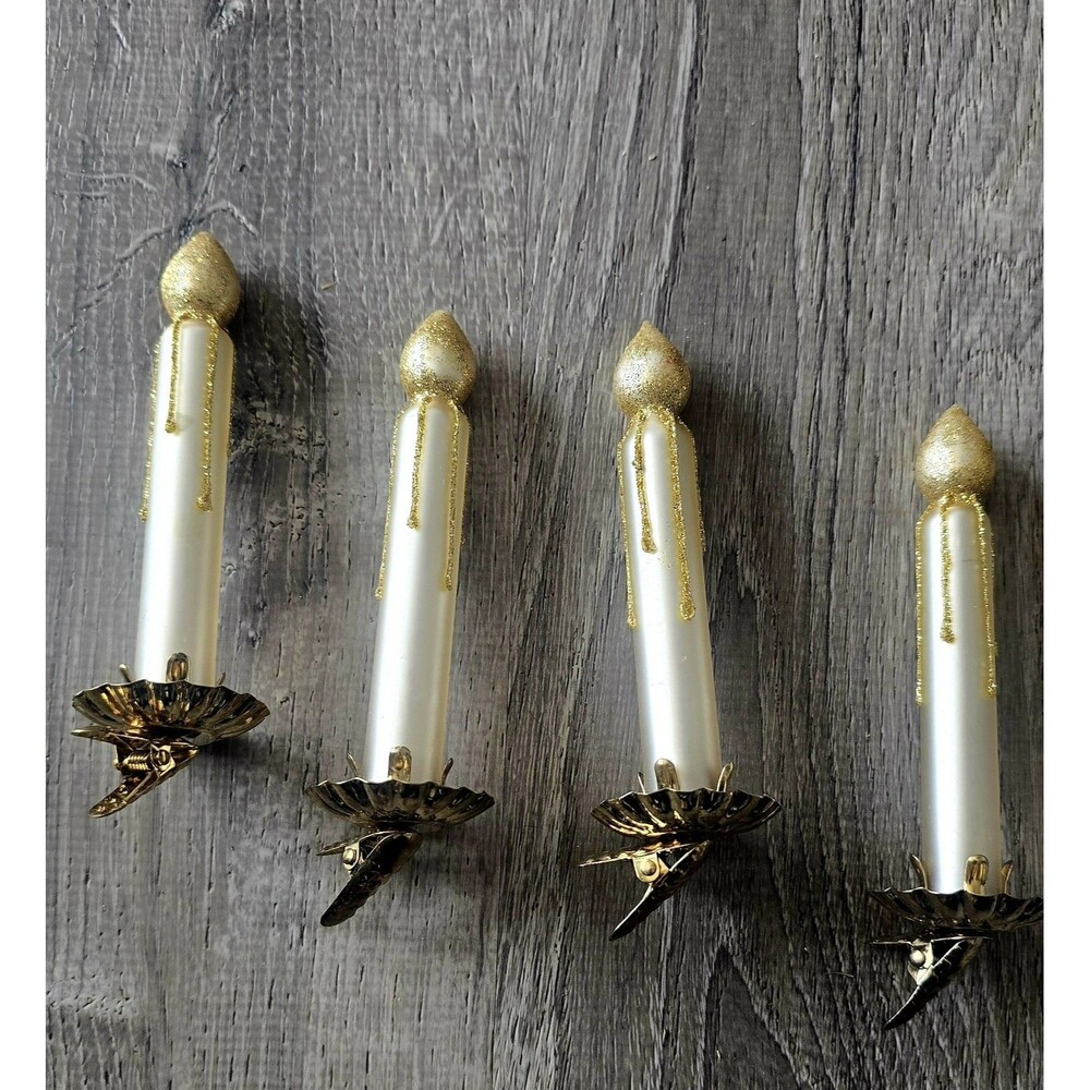 Vintage 4 Glass Candle Shape Clip On With Gold Glitter Christmas Ornaments - Picture 5 of 7